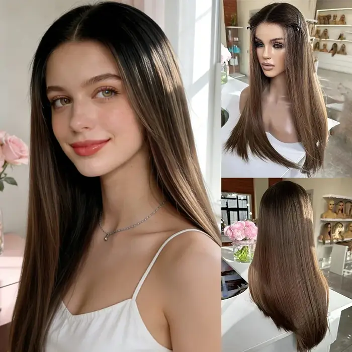 Perruque Lace Front Longue et Droite de 26 pouces, Cheveux Synthétiques Mélangés à 5% de Cheveux Hum