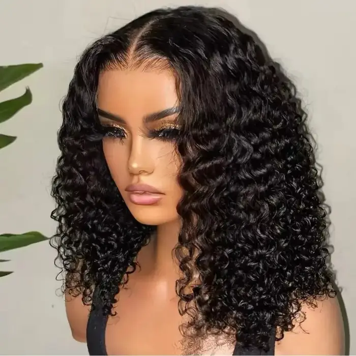 Perruque en cheveux humains vierges Jerry Curly de 34 pouces, noir naturel, perruque frontale en den