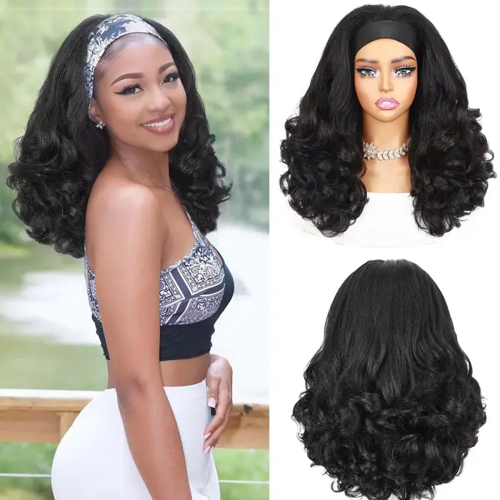 Perruques bandeau bouclées Yaki pour femmes noires - Perruque synthétique sans colle, prête à porter, avec extrémités bouclées et bandeau noir, style Kinky Straight