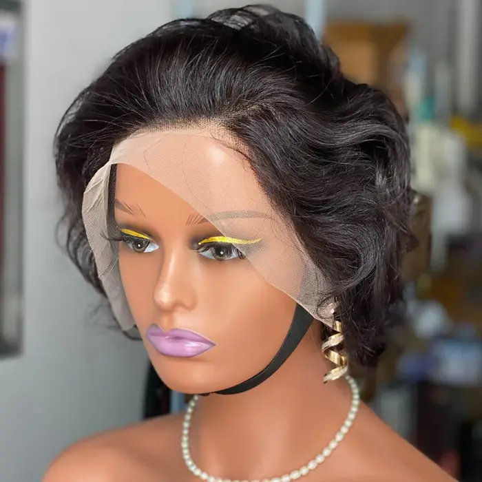 200% densité haute qualité bouclés coupe lutin 13x4 dentelle frontale ondulée perruques cheveux humains vierges doux aspect naturel facile Style confort