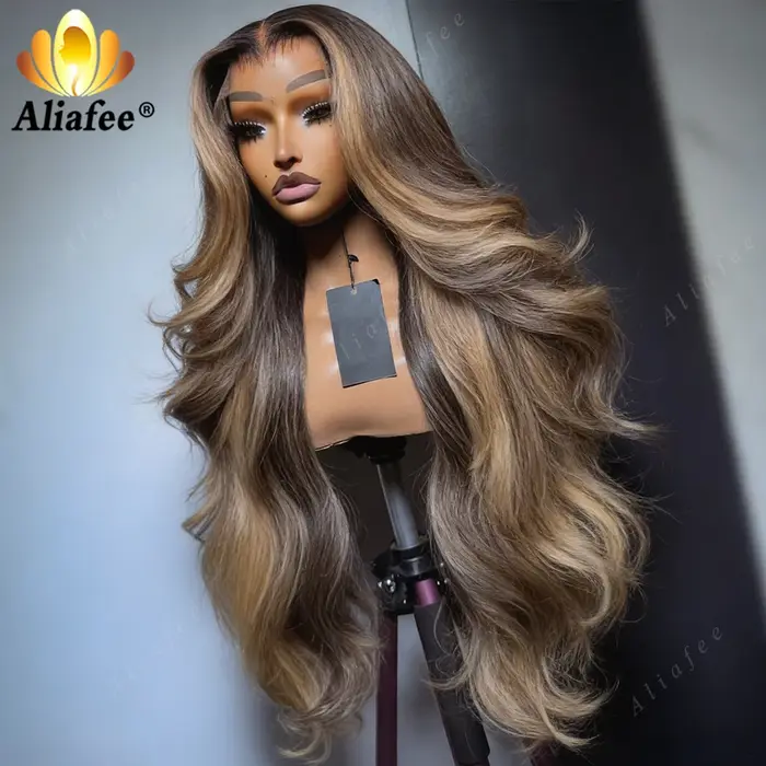 Perruque Cheveux Humains 12A Ondulée Châtain Cendré Blond Clair avec Racines Foncées