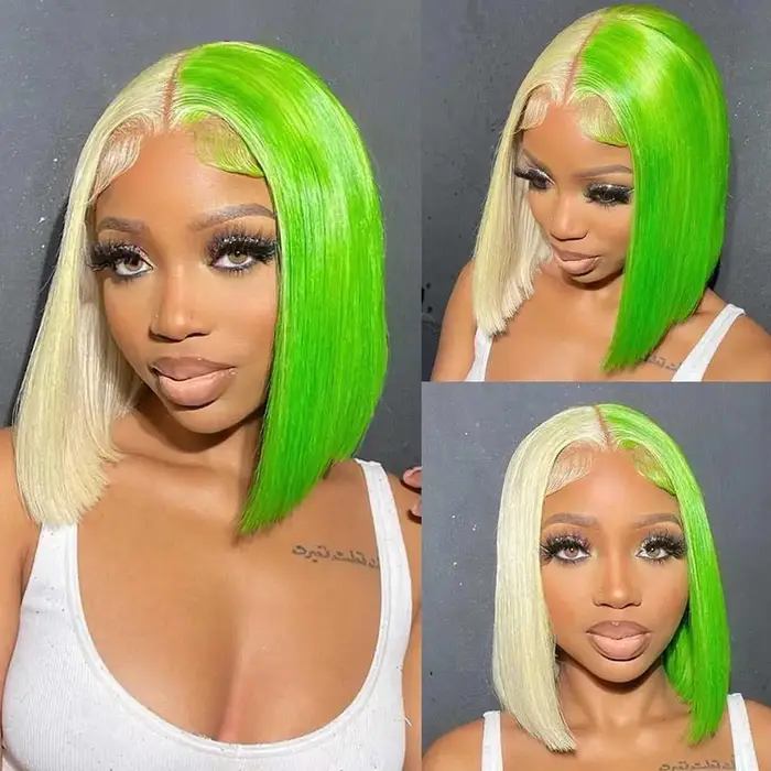 Perruque Bob Lace Front Wig 613 naturelle lisse, cheveux humains, coupe au carré, mi-vert, moitié blonde, 13x4, HD, 180%