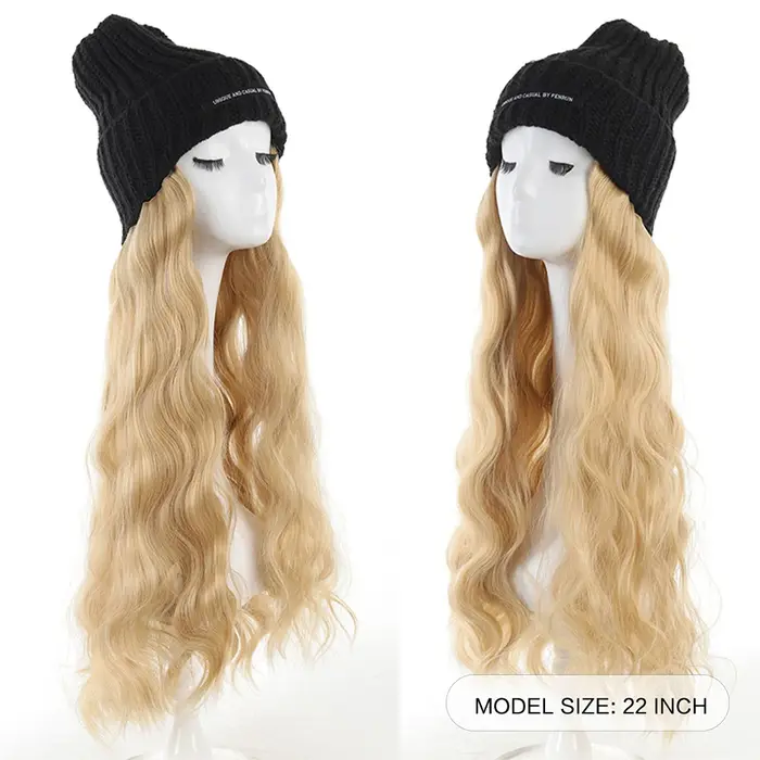 Bonnet en tricot avec extensions de cheveux synthétiques longues et ondulées intégrées