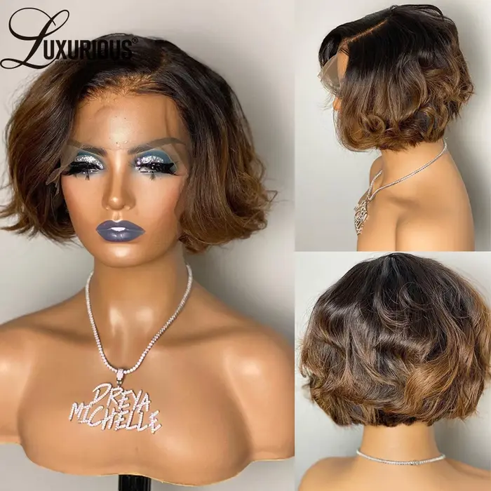 Ombre # Perruques courtes style pixie brun 1B pour femmes, cheveux humains, densité 250, ondulées, b