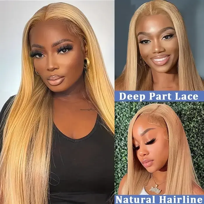 Perruque Lace Front Wig lisse naturelle-Sophia, cheveux humains, blond miel #27, 13x6 HD, perruque t
