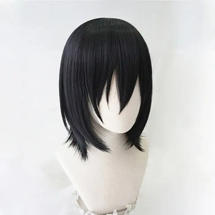 Perruque de Cosplay synthétique noire courte avec bonnet