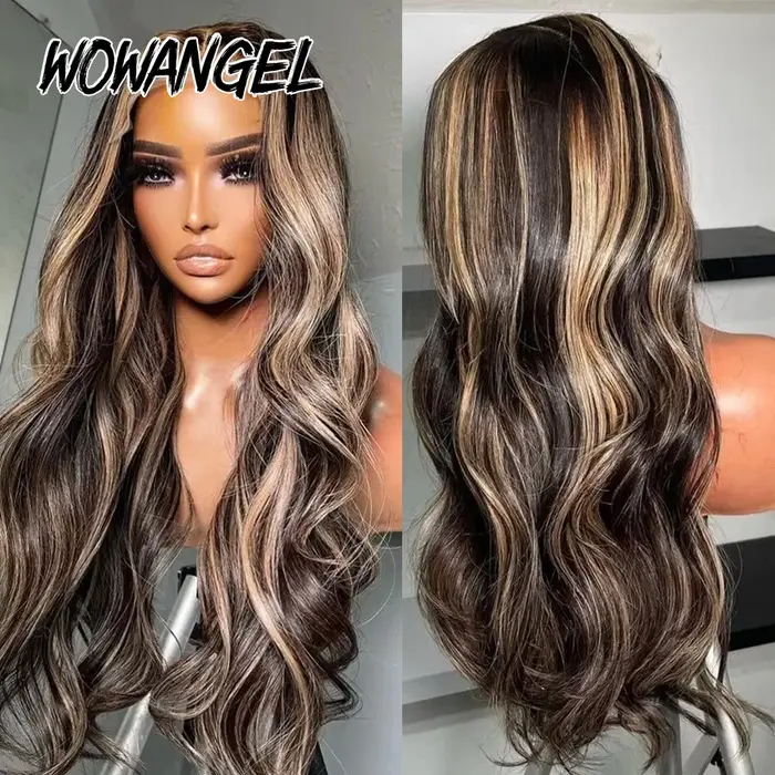 WOWANGEL Perruque Blonde Ondulée 1B/27 avec Mèches, Sans Colle, Fermeture en Dentelle HD 5x5, 100% C