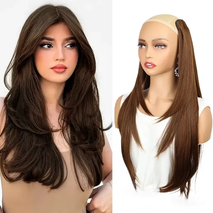 WIGSIN 22 pouces synthétique longue droite couches Clip-in Extension de cheveux en forme de V noir blond Invisible postiche pour les femmes