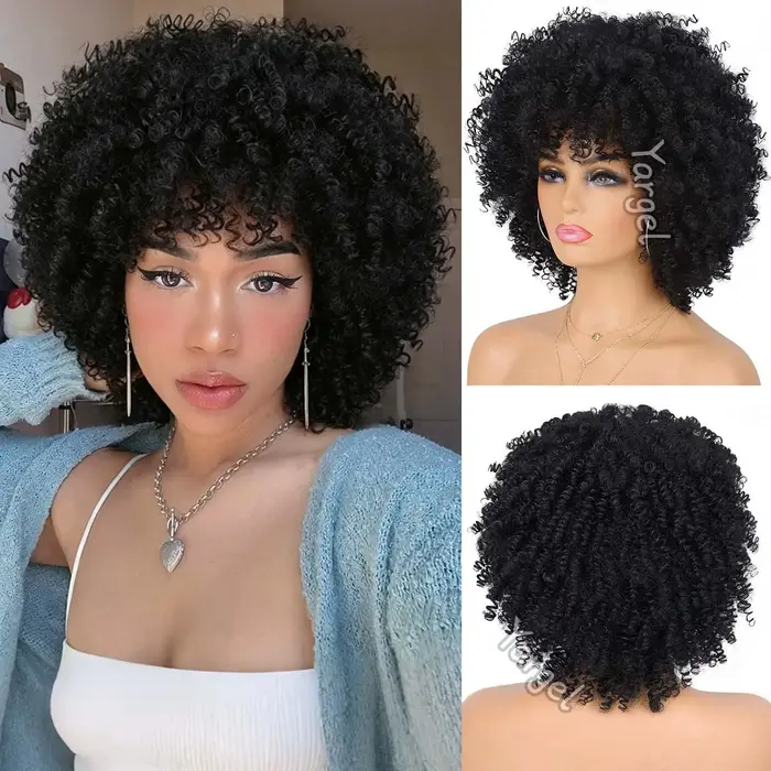 Perruque synthétique afro bouclée avec frange, 8 pouces, perruque afro crépue bouclée pour femmes no