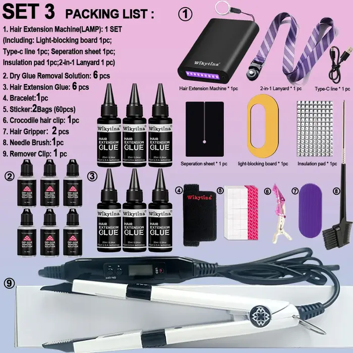 Kit d'extensions de cheveux professionnel V-Light avec colle UV pour salon et usage domestique - Machine à extensions