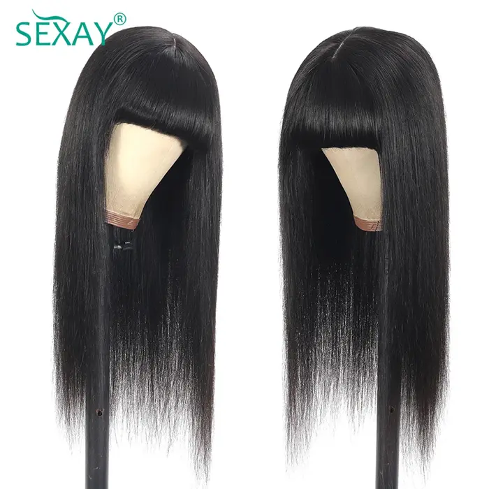 Faux cuir chevelu Bang perruques perruque de cheveux humains péruvien soyeux cheveux raides Sexay 32
