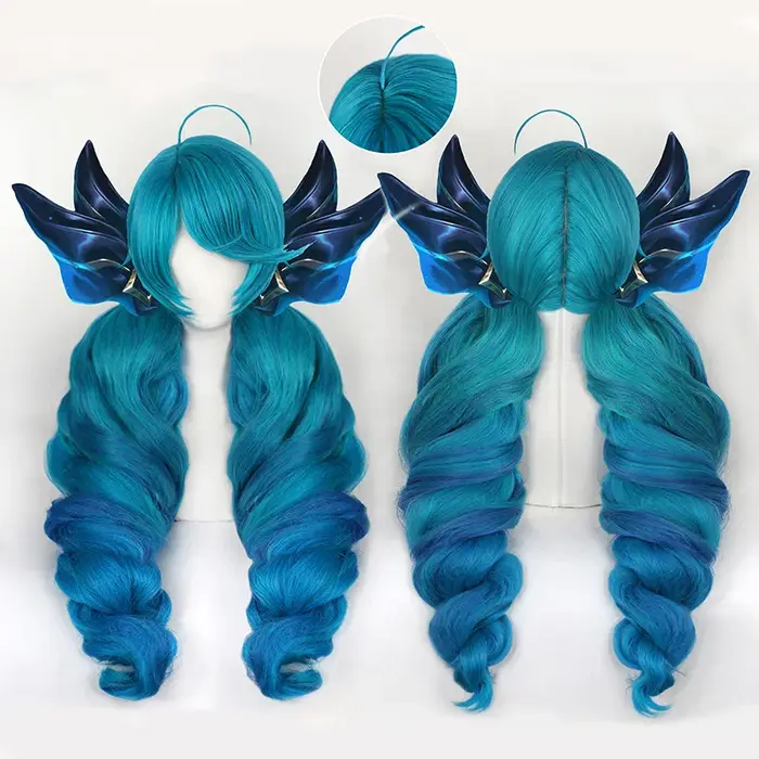 Gwen Game LOL Cosplay perruque bleu vert mixte longues perruques bouclées résistant à la chaleur cheveux synthétiques