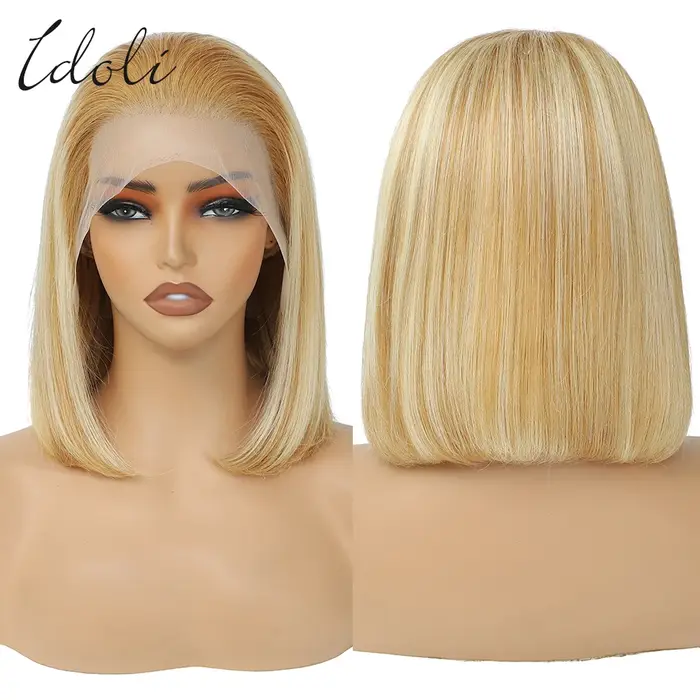 Perruque Lace Front BOB Naturelle Sans Colle HD, Cheveux Blonds à Reflets, P27/613, 13x4