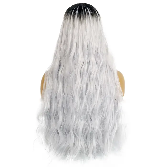 Perruque synthétique ombrée noir-gris avec frange