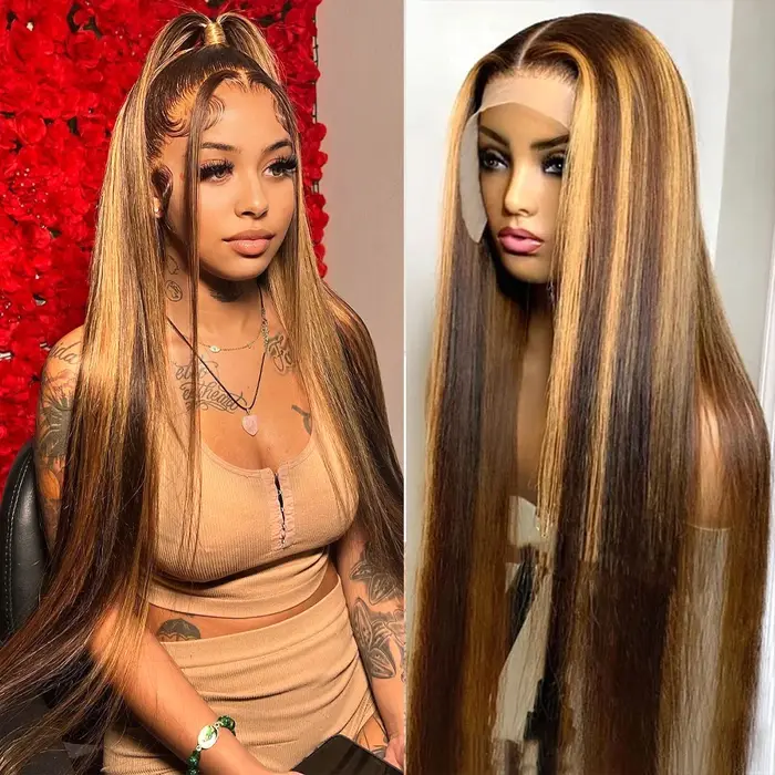 Perruque Lace Front Wig brésilienne naturelle, cheveux lisses, blond miel, 13x6, à reflets, pour fem