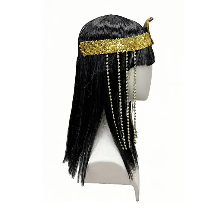 Perruque synthétique noire droite avec perles serpent et pompons