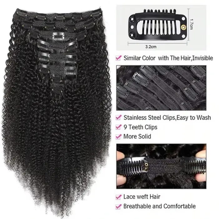 Extensions de cheveux humains afro à clipser