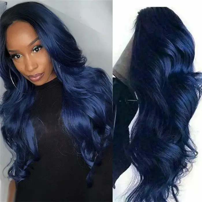 Perruque Lace Frontal Wig synthétique Body Wave à reflets bleus