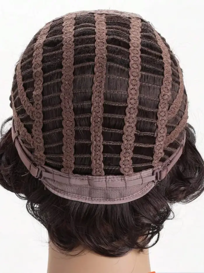 Perruque ondulée courte bouclée marron foncé avec frange de cheveux 100% perruques