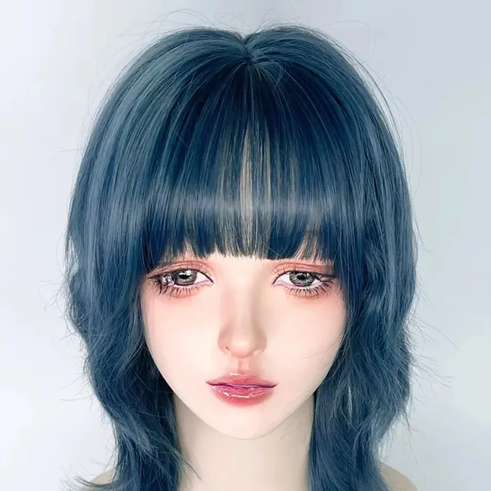 Perruque synthétique bleue à tête de mulet avec frange, perruque courte et lisse pour Cosplay Anime 
