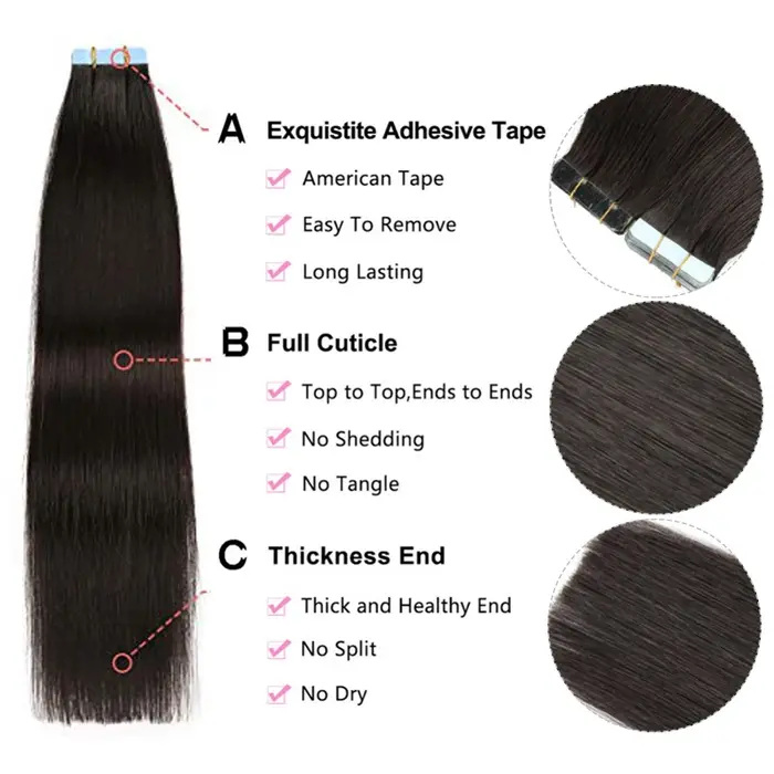 Queen Hair Official PU Tape In Hair Skin Weft Hand Tied PU Adhesives Raw Human Hair Extensions Invis