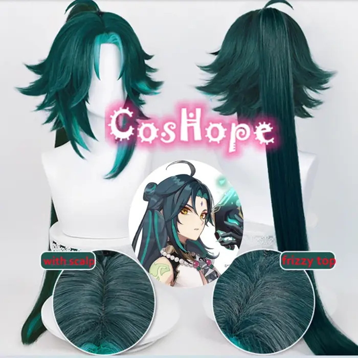 Xiao Cosplay perruque cheveux longs 100 cm queue de cheval vert mixte