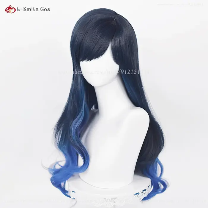 Shiraishi – perruque de Cosplay synthétique longue de 70cm, cheveux bouclés dégradés de bleu, résistants à la chaleur, perruques de fête + bonnet de perruque, haute qualité