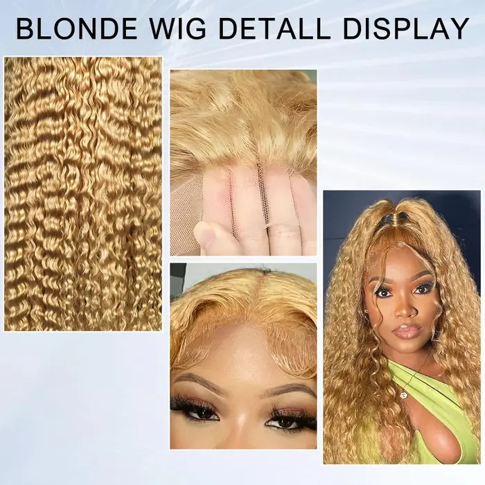 Perruques bouclées avant de dentelle blond miel cheveux humains vague profonde 13x6 HD perruques fro
