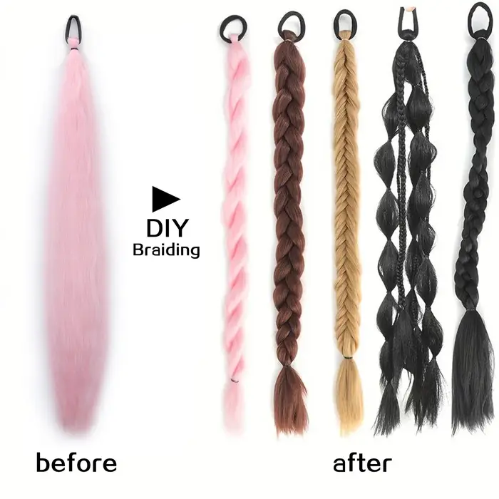 Extension de queue de cheval tressée synthétique bricolage avec élastique en caoutchouc rose violet bleu longue