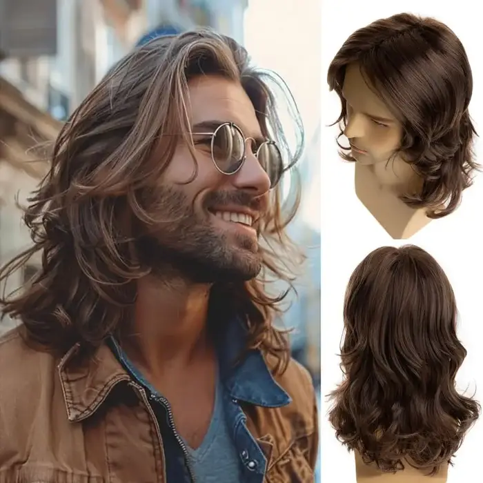 Perruque synthétique longue bouclée ondulée brune pour hommes, faux cheveux d'apparence réaliste pou