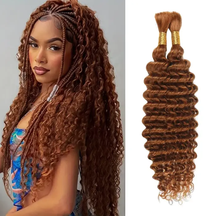 30 #   Cheveux tressés humains brun Auburn vague profonde pour tresses Boho cheveux brésiliens 2 paq