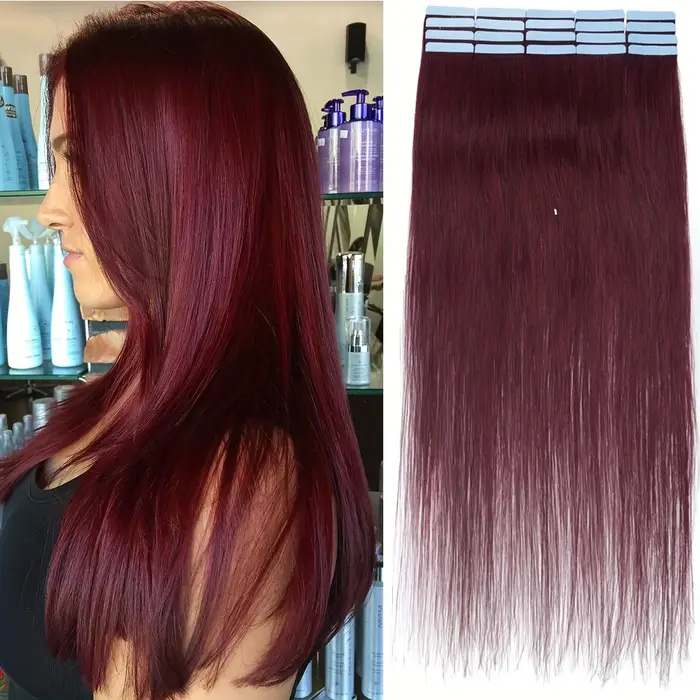 Extension de cheveux à bande Remy rouge vin, colle Double face 12-22 pouces, 20 pièces/paquet pour E