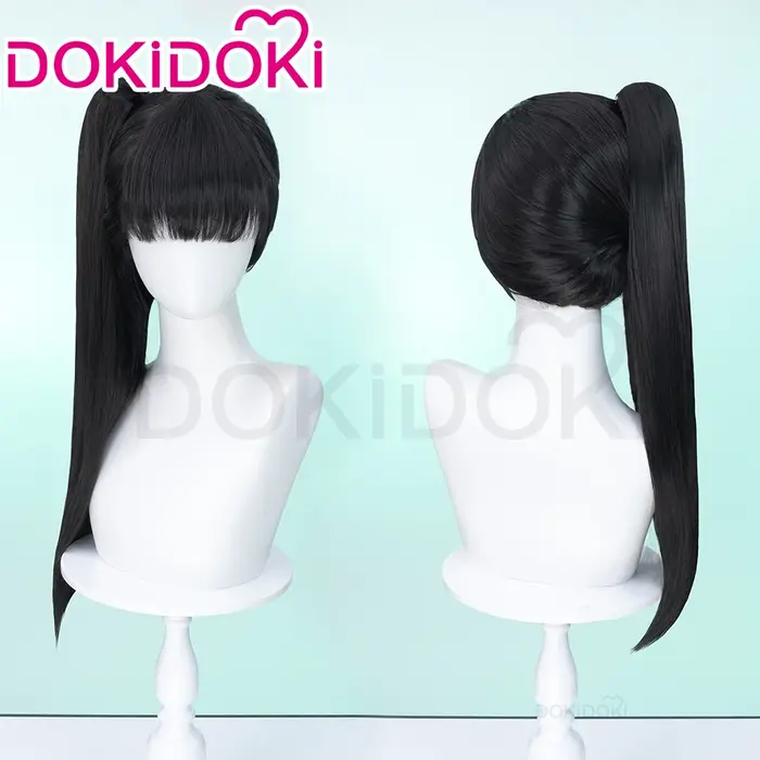 DokiDoki-Perruque cosplay noire pour femme, perruque de jeu Sto.org Blade, cheveux longs noirs, haut