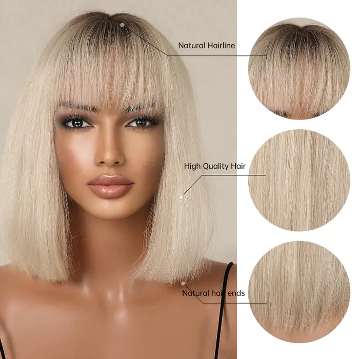 Bob Platinum Blonde Remy Human Hairs for Black Women, Natural Straight Short Wigs with Bangs, Heat D