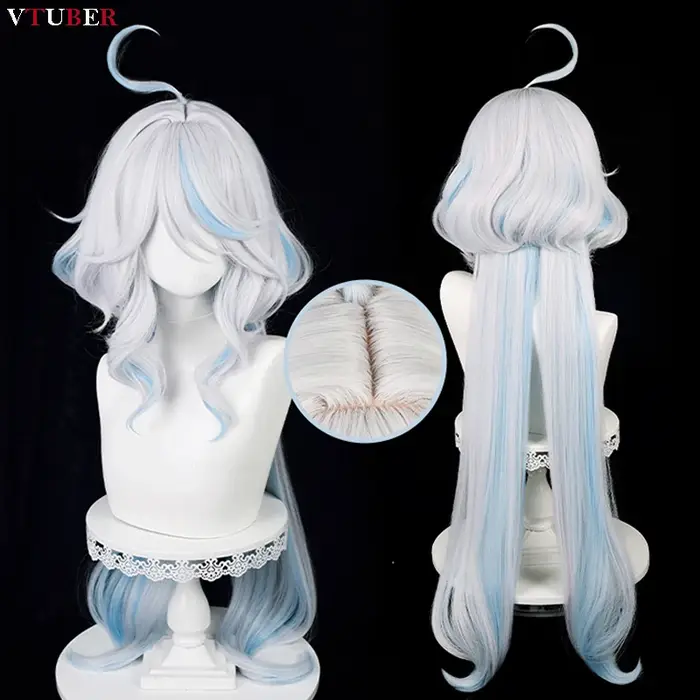 Perruque de cosplay Fontaine Focalors Furina, perruques longues de 100 cm, blanches et bleues, bouclées et ondulées, résistantes à la chaleur, pour cosplay d'anime + bonnet de perruque