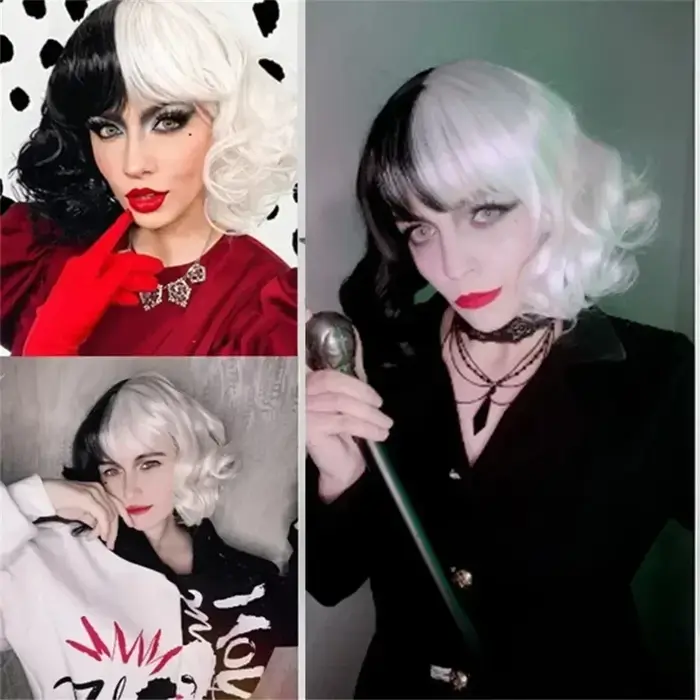 CRUELLA Deville De Vil noir blanc avec frange courte Bob résistant à la chaleur perruque De cheveux Cosplay Halloween