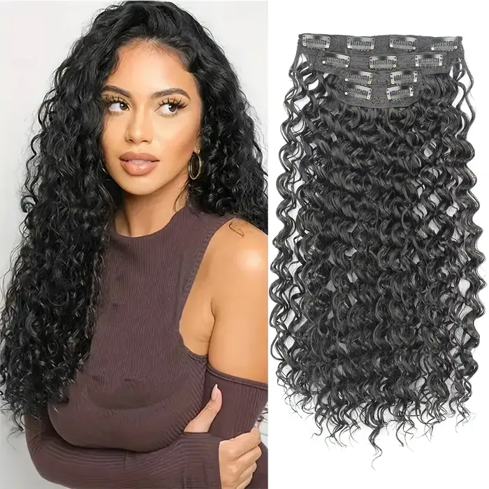 Extensions de cheveux synthétiques crépus bouclés à clipser pour femmes, noir, marron, tête complète