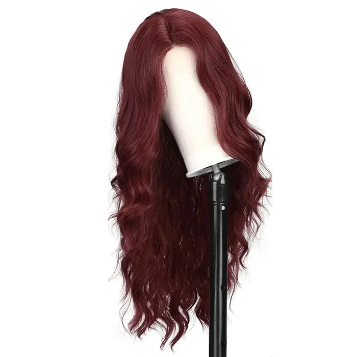 Perruque synthétique couleur vin rouge avec grandes boucles pour Halloween