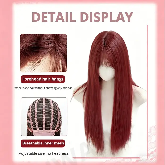 Perruque synthétique longue et droite de haute qualité rouge framboise avec frange, synthétique pour femme, usage quotidien et cosplay, perruque longue pour femme