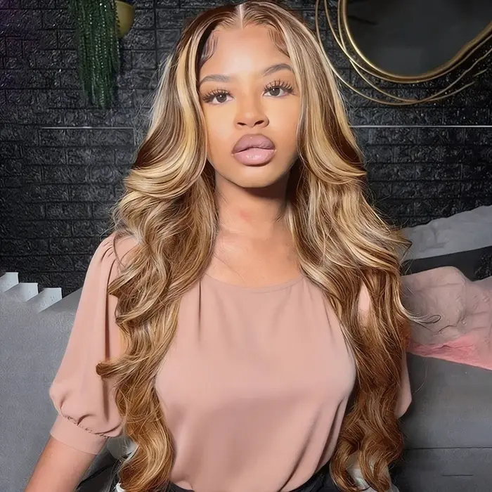 Perruque Highlight en Cheveux Humains Naturels P4/27 Blond Miel, Perruques Lace Front 13x6 en Cheveu