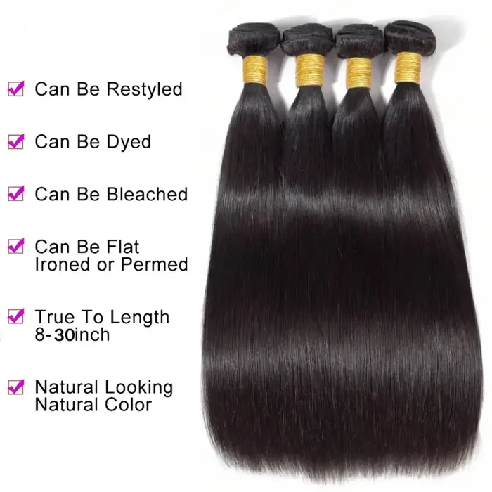 Extensions de cheveux humains brésiliens vierges, lisses, couleur naturelle, 30-36 pouces, 1, 3 ou 4