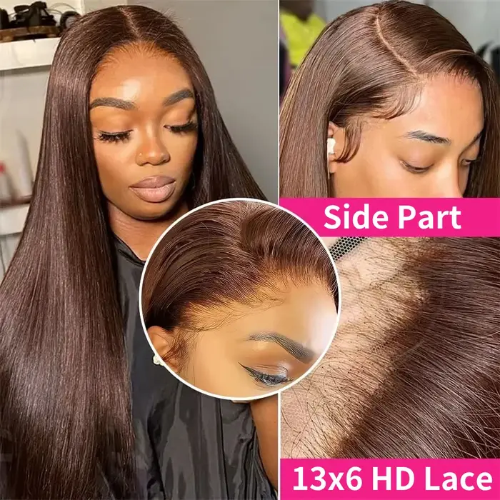 13x6 HD chocolat brun os droite dentelle avant perruque 36 pouces