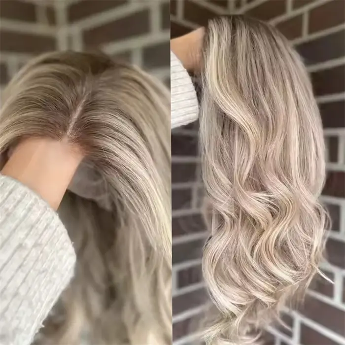 Perruque Lace Front Wig synthétique transparente Invisible, blond platine ombré avec racines foncées