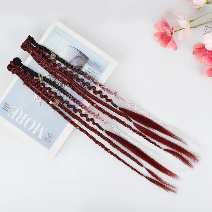 Extensions de cheveux tressées synthétiques style bohème ombré bordeaux avec mèches viking bohèmes pour femmes