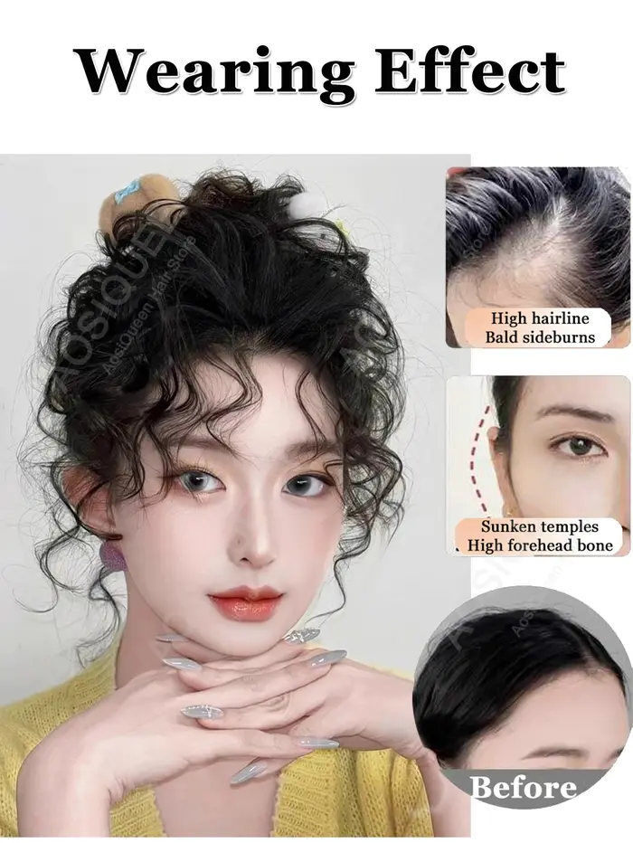 Frange fine synthétique cheveux bouclés bloc de remplacement tête féminine