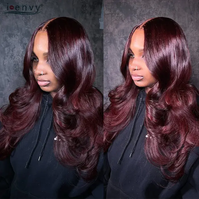 Perruque Lace Front Wig Body Wave Naturelle Bouclée Bordeaux