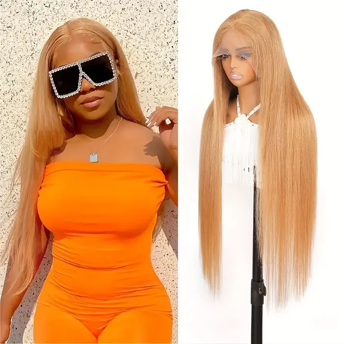 Perruques de cheveux humains blond miel droite osseuse # 27 13x6 HD perruques avant de dentelle tran