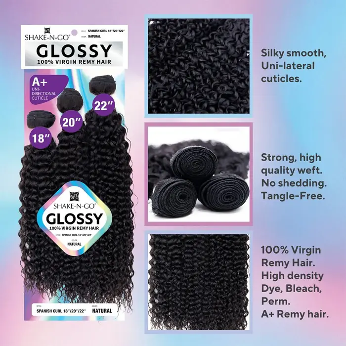 Shake-N-Go Tissage de cheveux vierges Remy brillants 3 paquets Curl espagnol – Doux, brillant, aspec