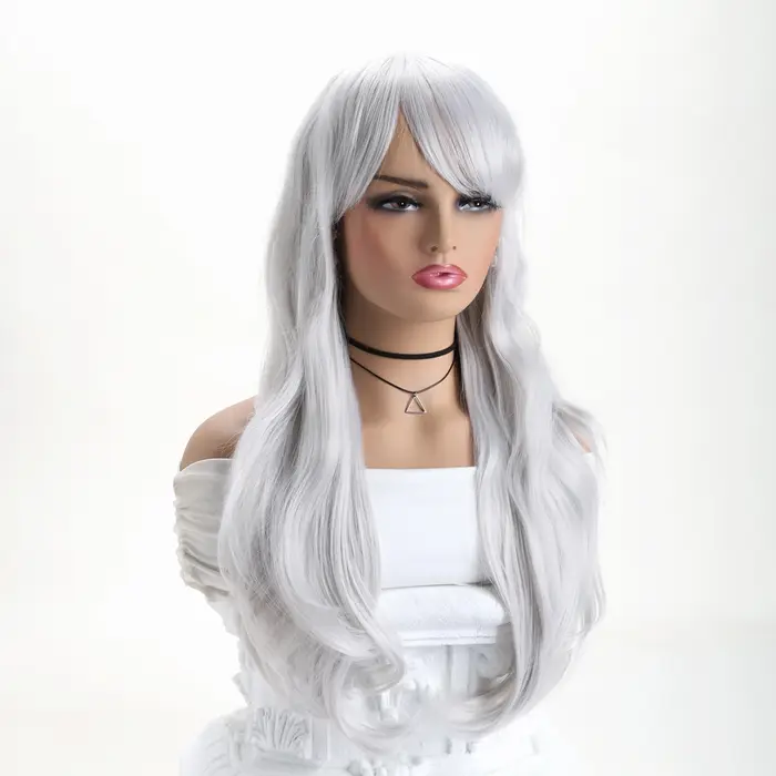 Perruques blondes claires argentées avec frange