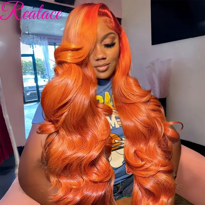 36 pouces gingembre Orange dentelle avant perruques cheveux humains pré plumé 200% densité vague de 